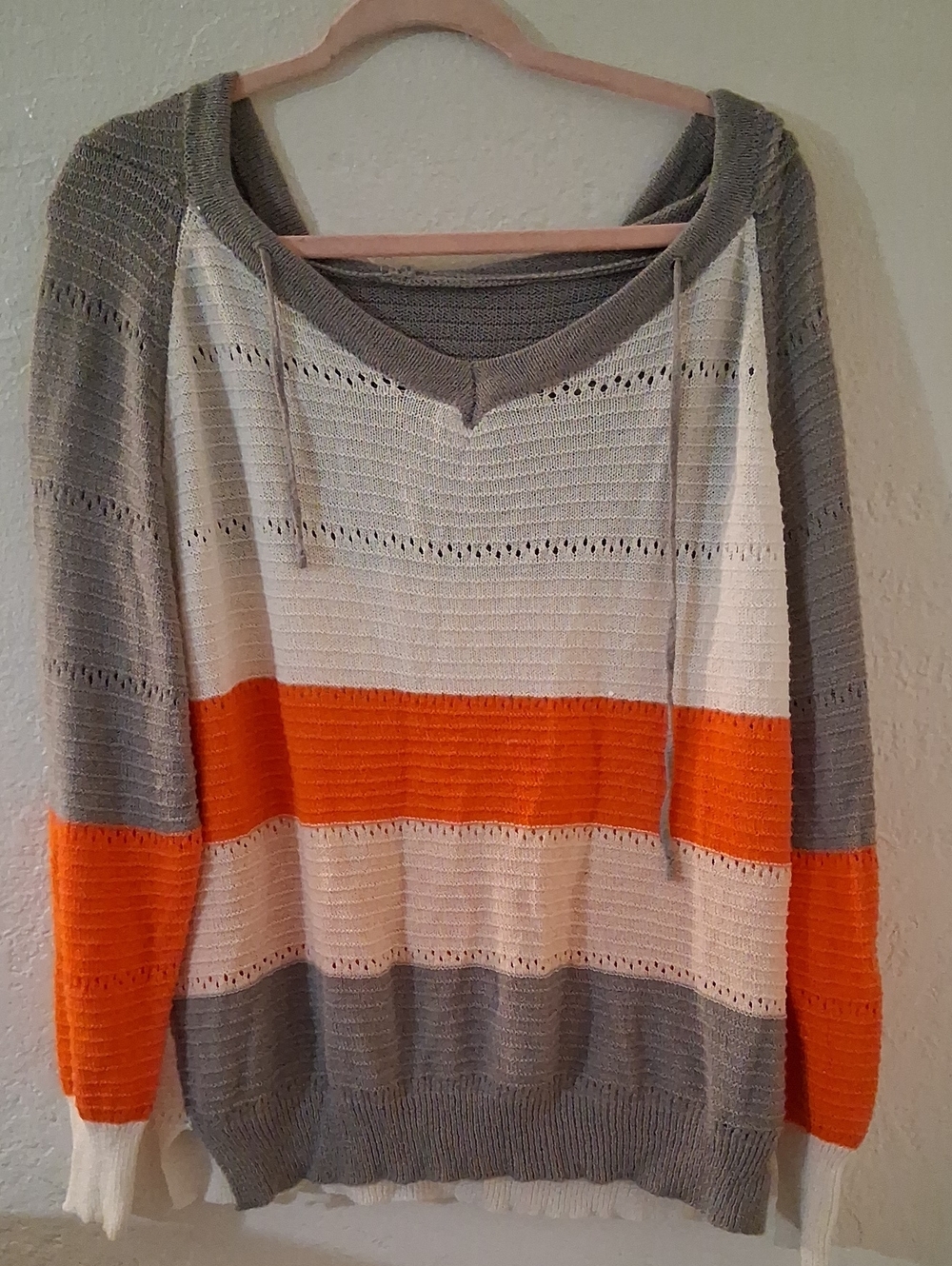Women's Striped Hooded Knit Sweater - Gray, White & Orange